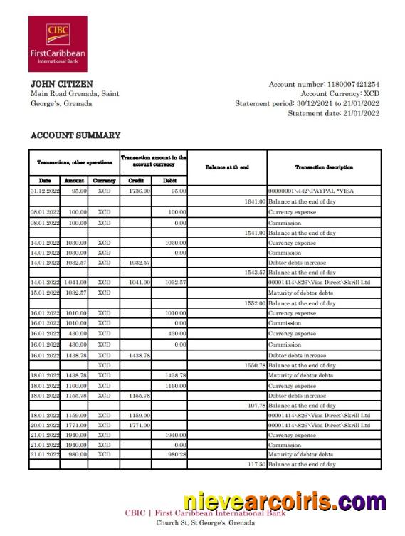 Grenada CIBC bank statement